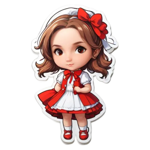 A girl with a white dress and red shoes that says "becka" on the bottom.