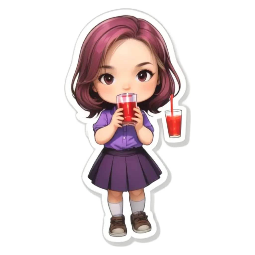 A girl drinking juice from a glass is in the center of a sticker.