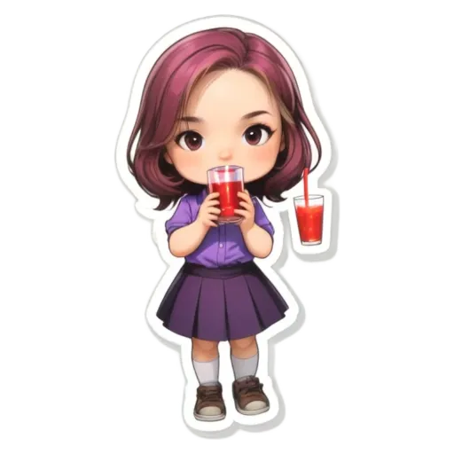 A girl drinking juice from a glass is in the center of a sticker.