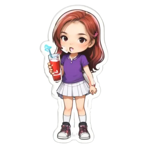 A girl in a purple shirt holding a drink.
