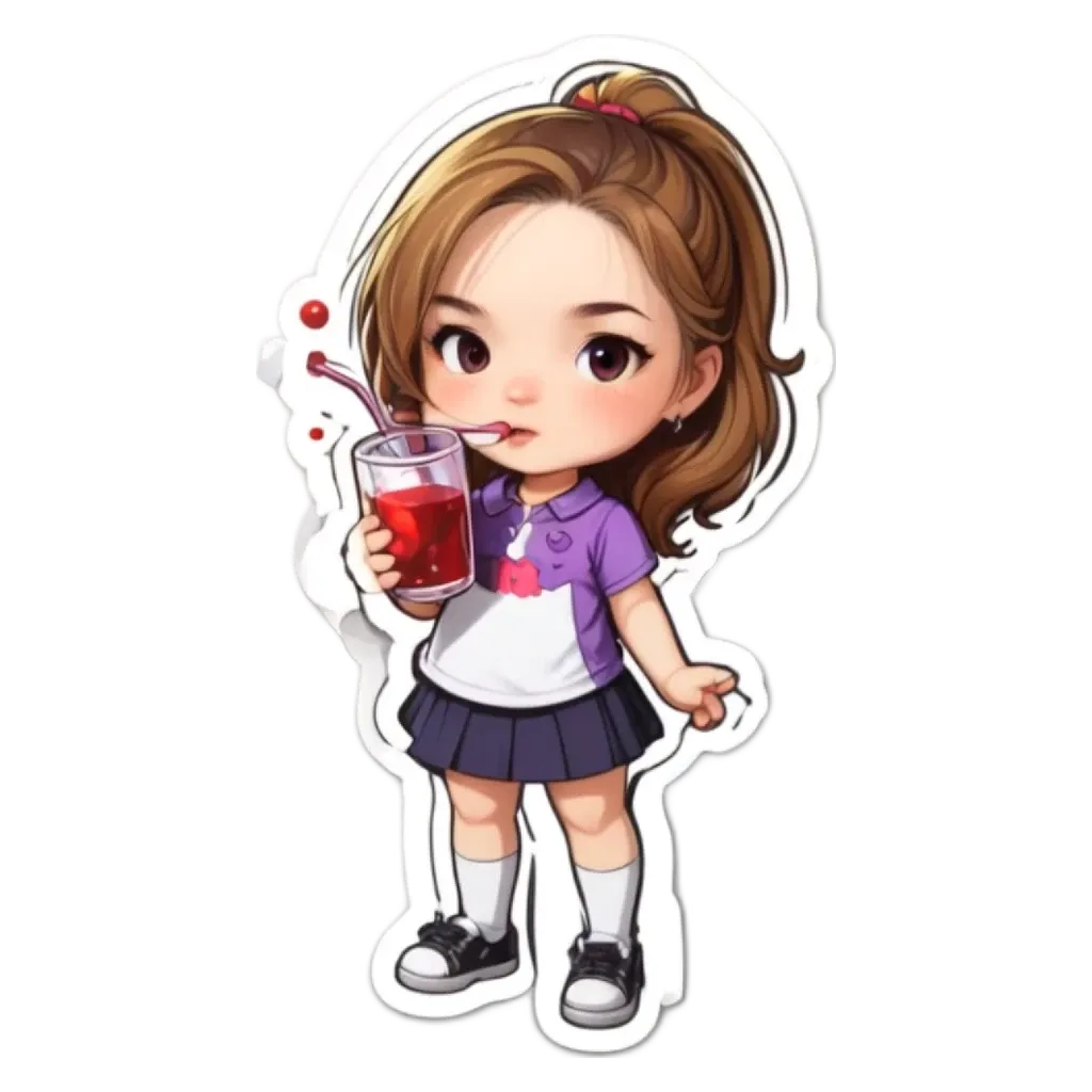 A girl drinking out of a straw is depicted in a sticker.