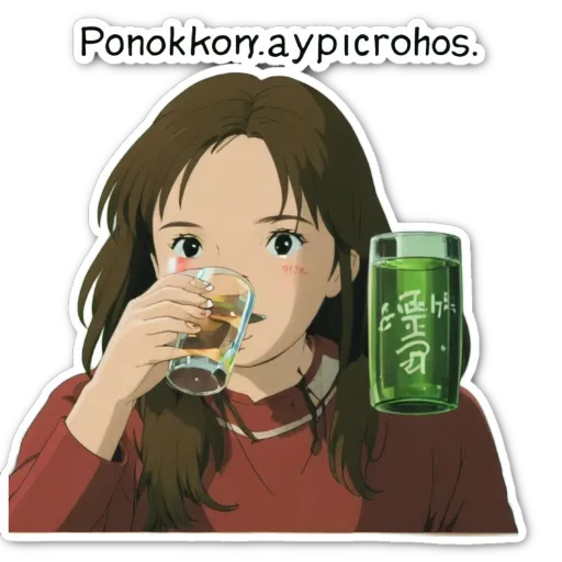 A girl drinking out of a glass with ponkokonyayayiprocRHOS written on it.