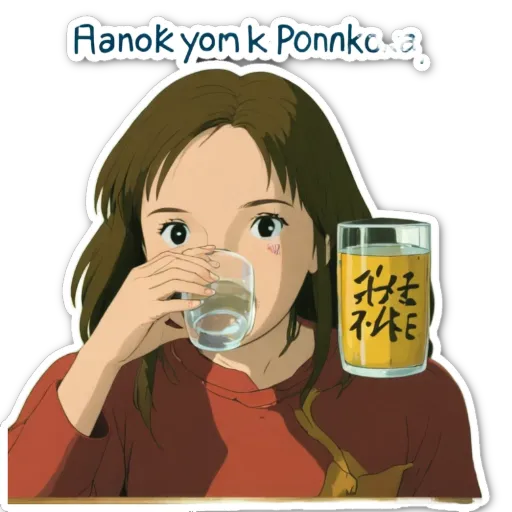 A girl drinking from a glass with Asian writing.