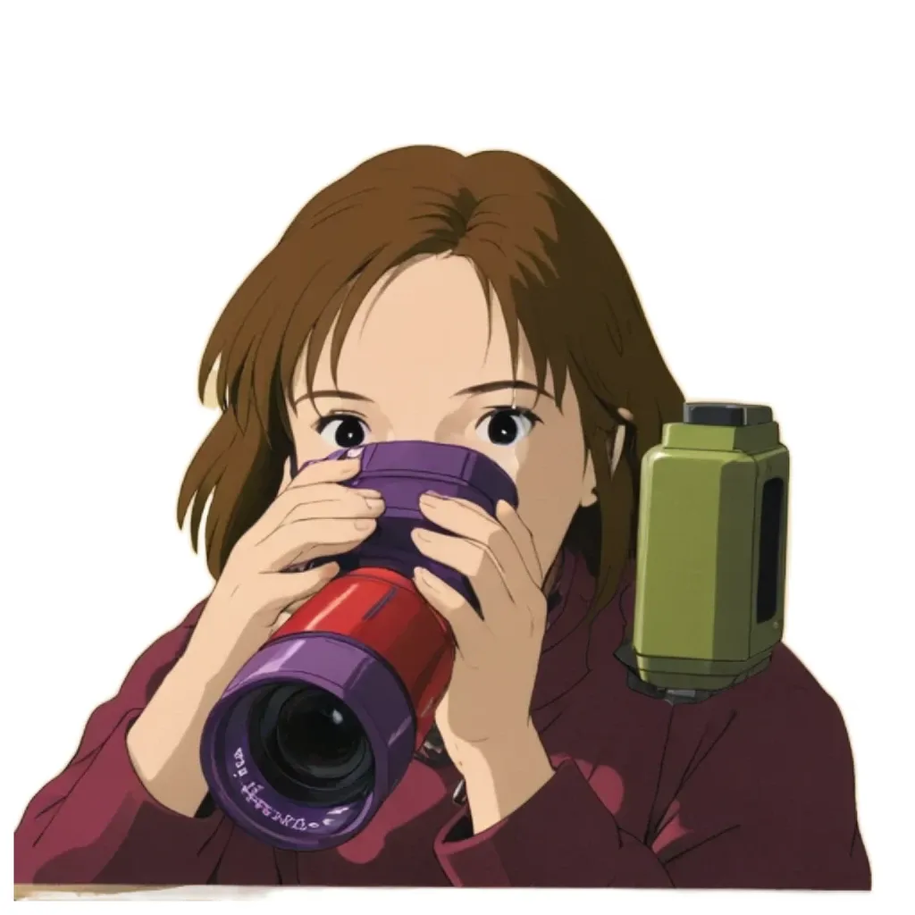 A girl is holding a camera up to her face.