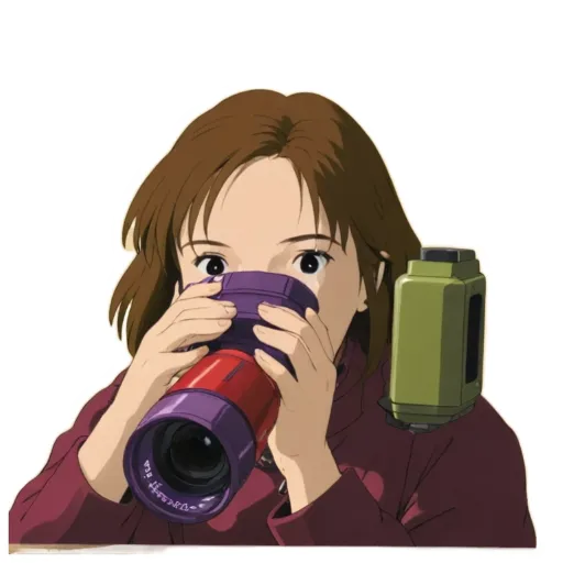 A girl is holding a camera up to her face.