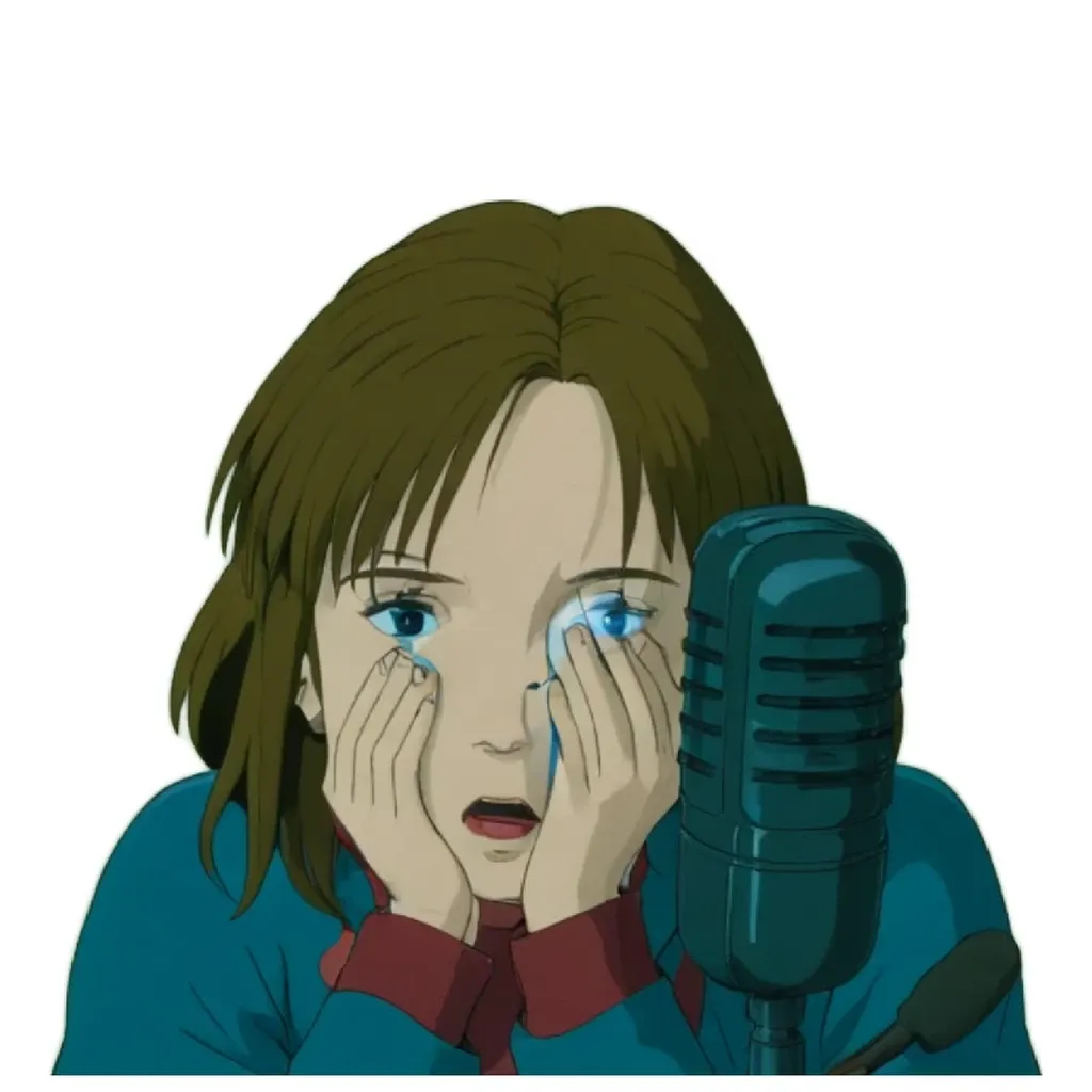 A girl with a microphone frowning.