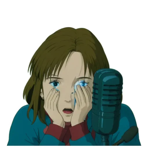 A girl with a microphone frowning.