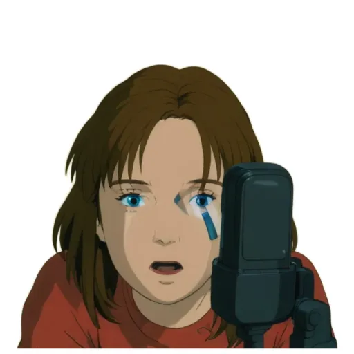 A girl with a microphone looking sad.