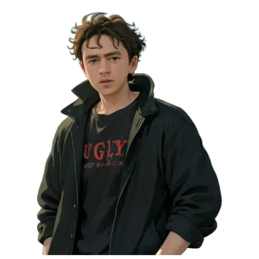 A sticker of a man with a jacket on that says "ugly".