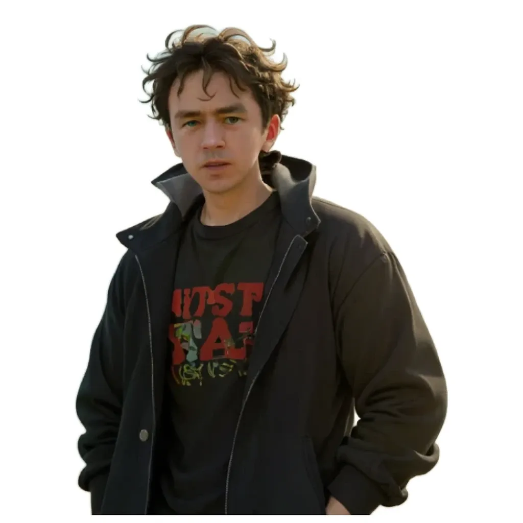 A man with a black jacket and red writing on it.