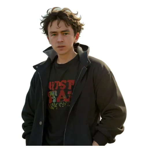 A man with a black jacket and red writing on it.