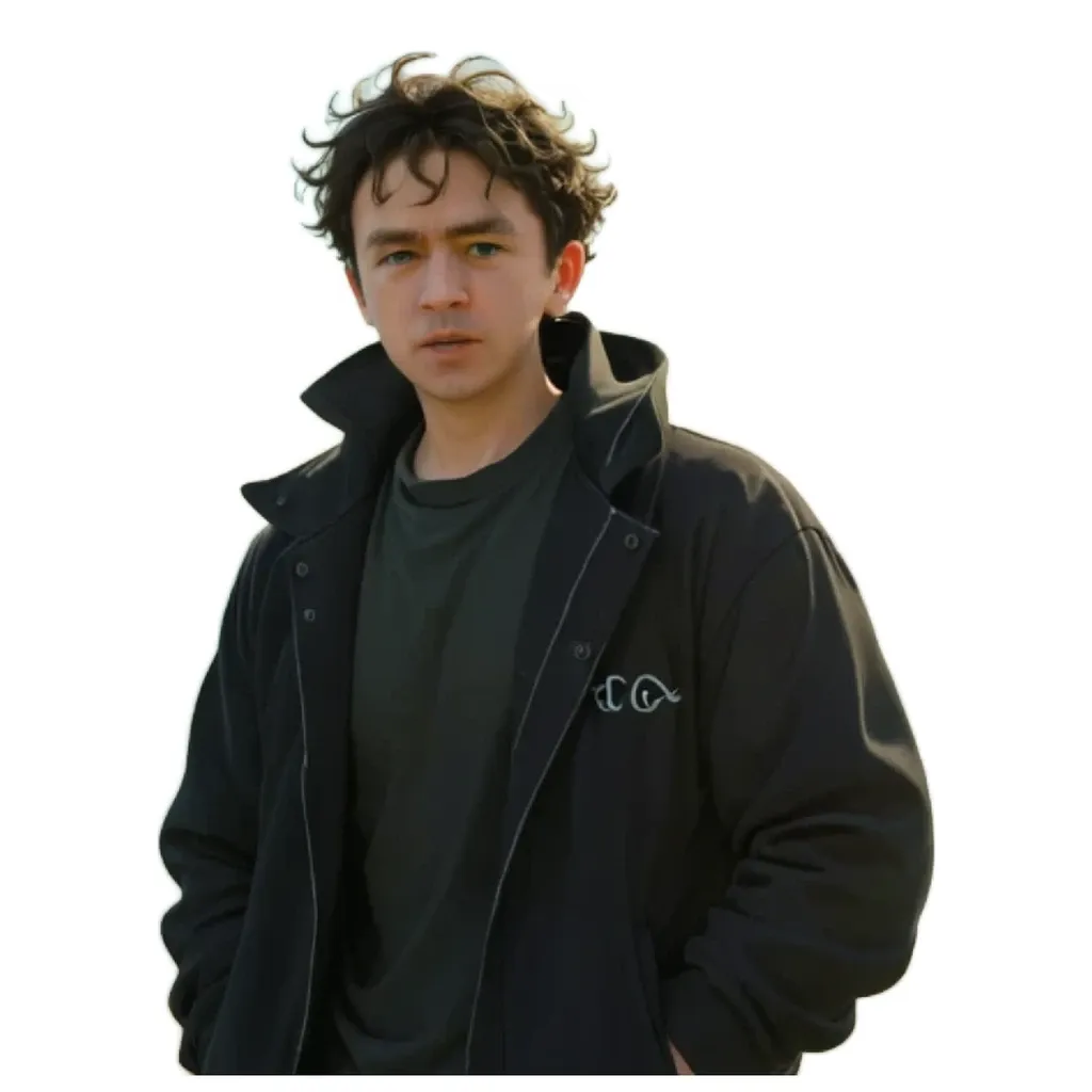 A young man wearing a black jacket with the letter G on the front.
