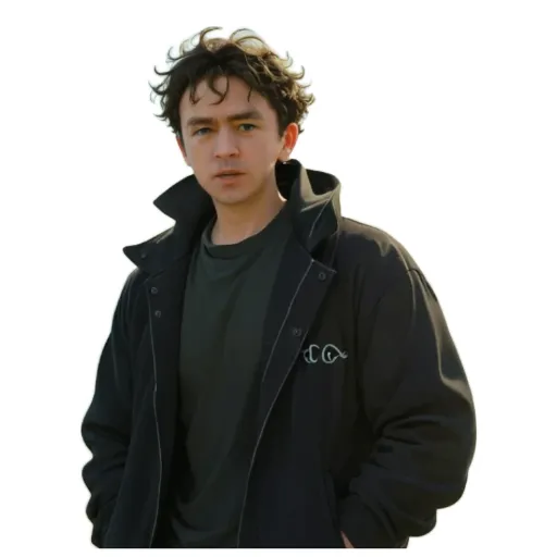 A young man wearing a black jacket with the letter G on the front.
