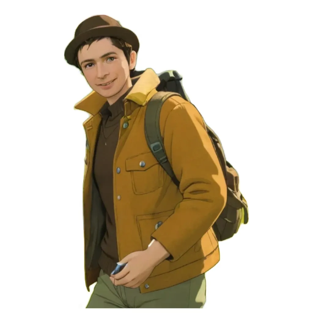A boy wearing a brown jacket and hat with a backpack on.