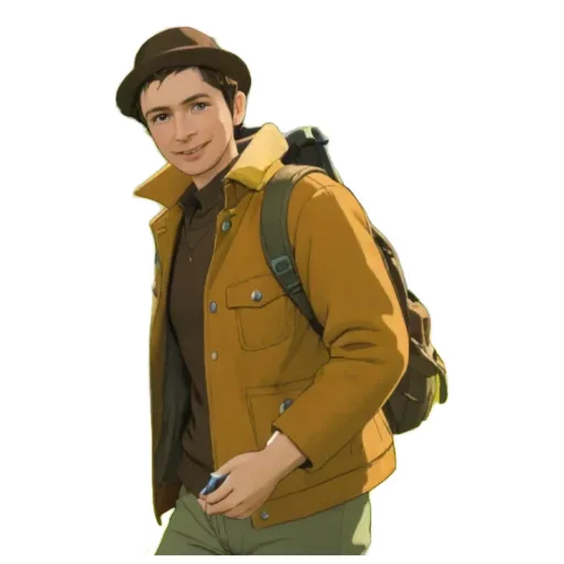 A boy wearing a brown jacket and hat with a backpack on.