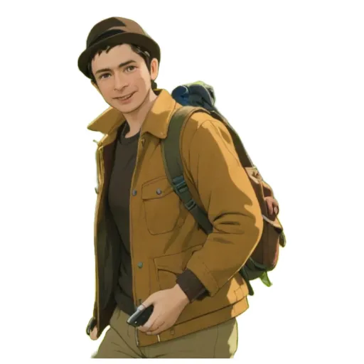 A young man wearing a brown jacket and hat.