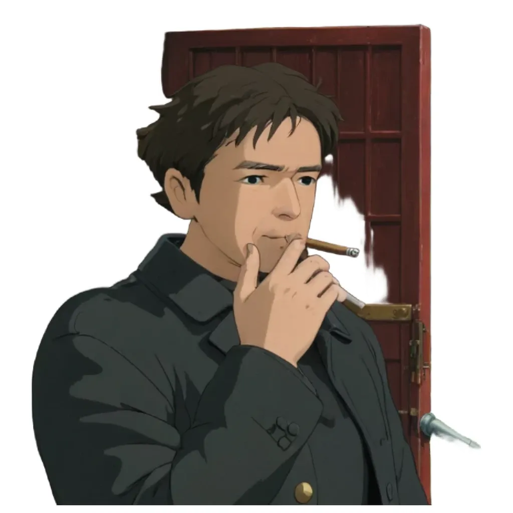 A sticker of a man who is smoking a cigarette.