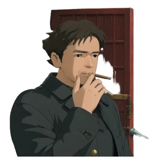 A sticker of a man who is smoking a cigarette.