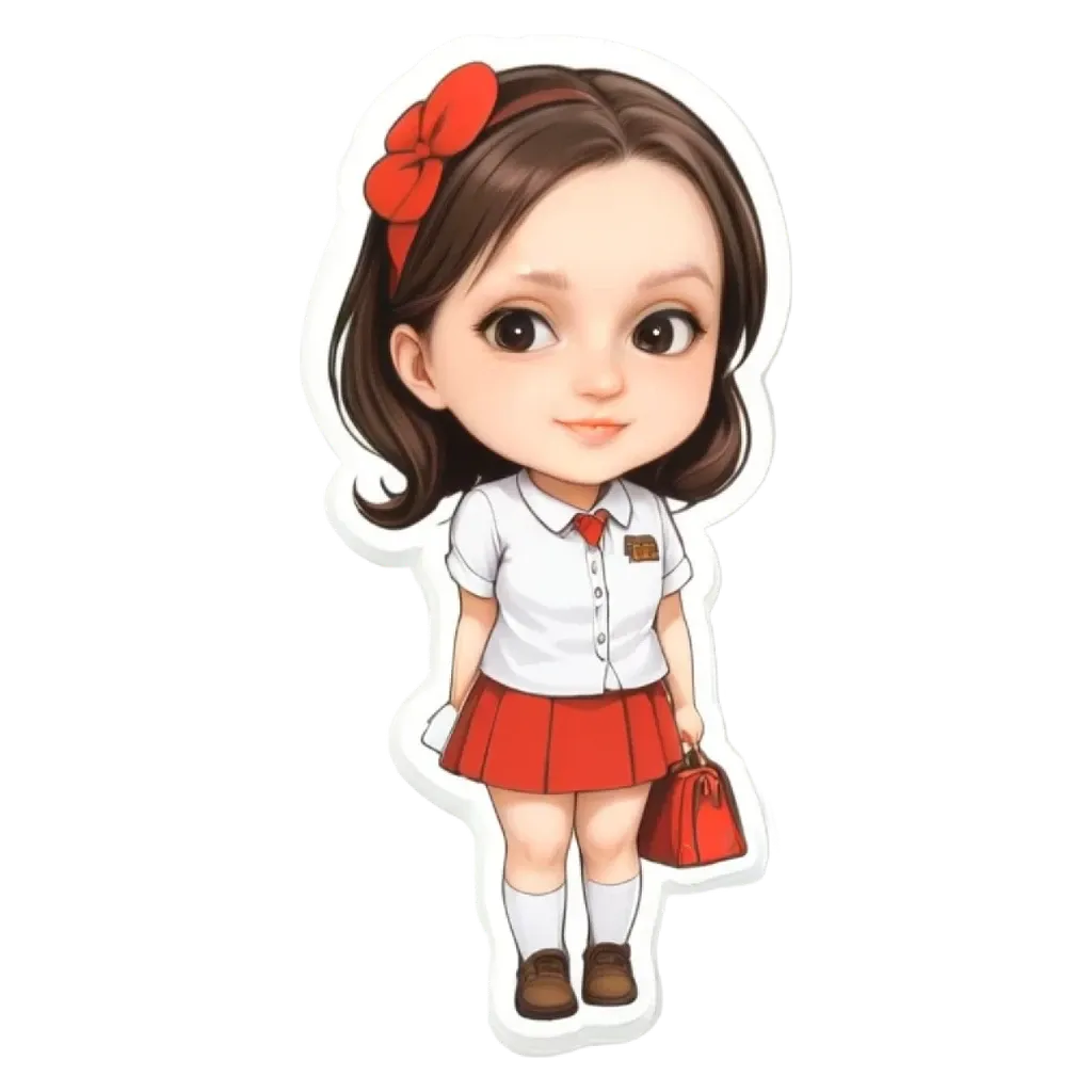 A girl wearing a red and white school uniform with a red bow in her hair.