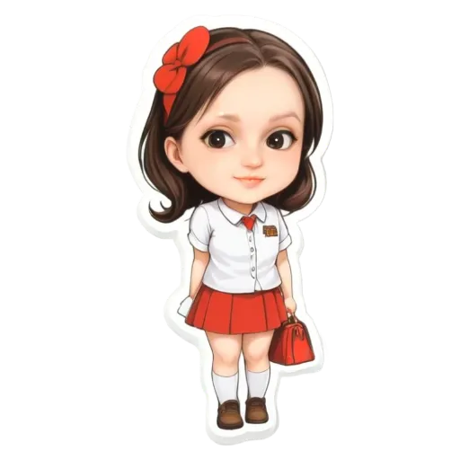 A girl wearing a red and white school uniform with a red bow in her hair.