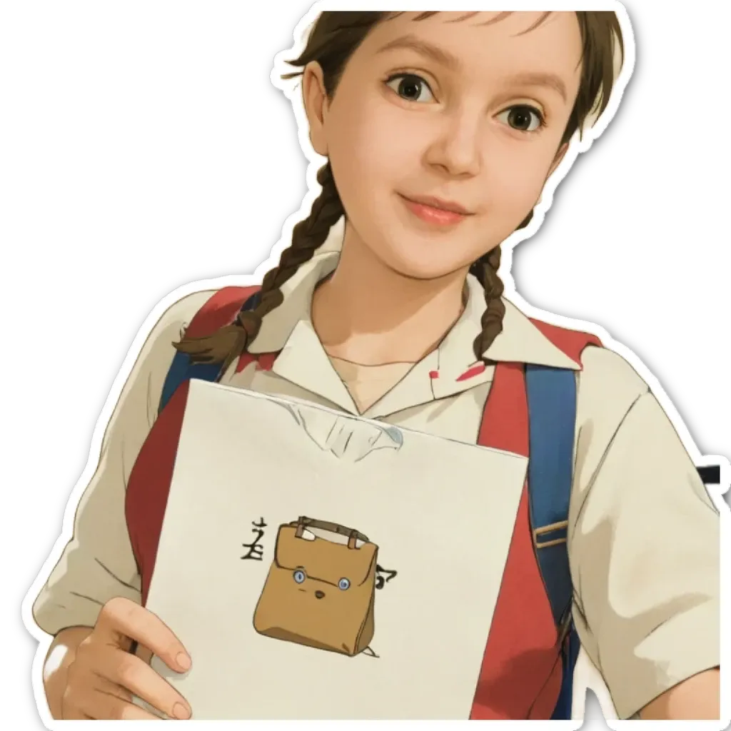 A girl holding a paper with Asian writing on it.