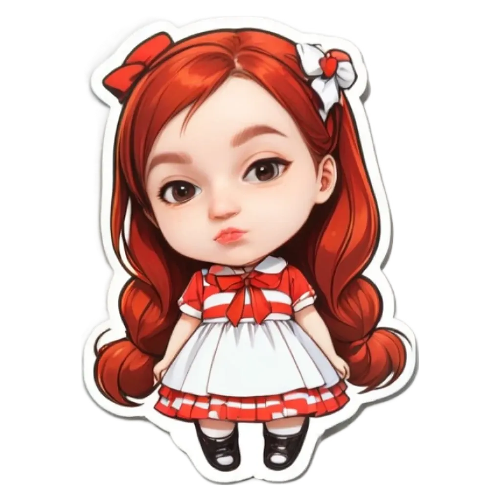 A girl with red hair and a bow in her hair is standing in front of a black background.