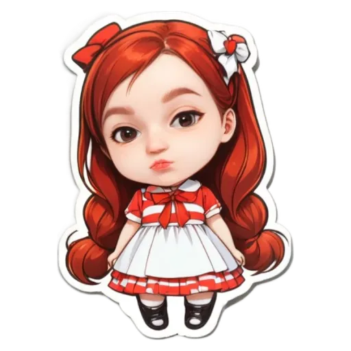 A girl with red hair and a bow in her hair is standing in front of a black background.