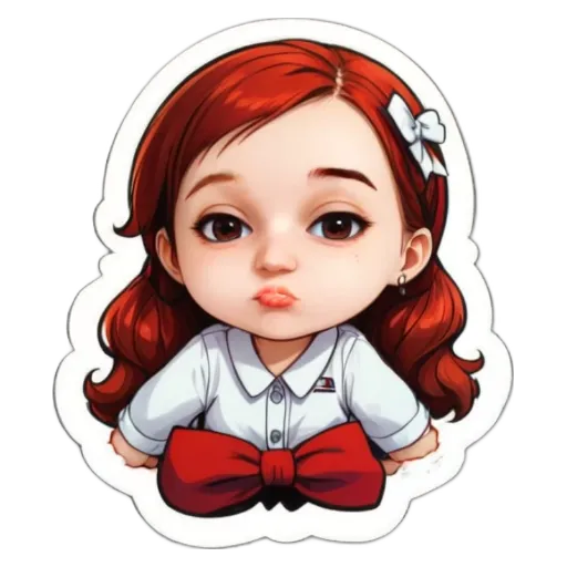 A girl with red hair and a bow in her hair is shown.