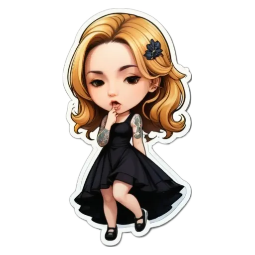 A girl with a black dress and black hair who is thinking about something.