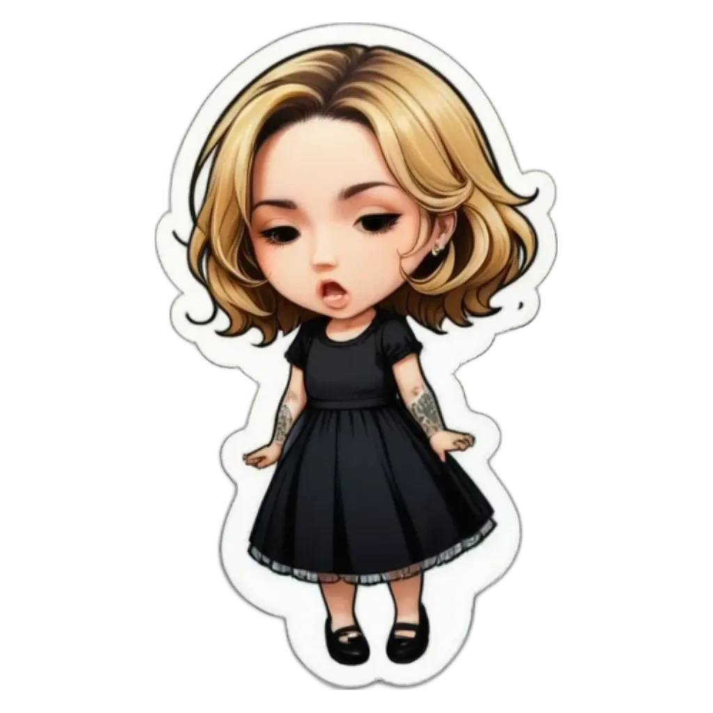 A girl is wearing a black dress and has tattoos on her right arm.