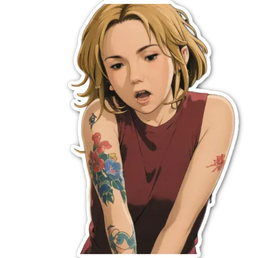 A girl with a tattoo has her mouth wide open.
