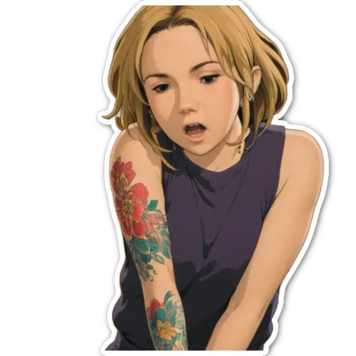 A sticker of a girl with a tattoo on her arm.