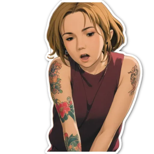 A girl with a tattoo has her mouth wide open.