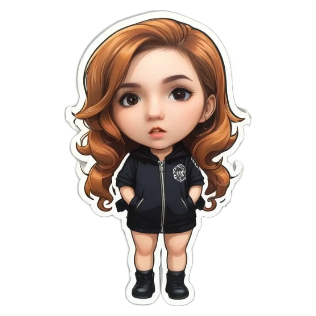 A girl with a black jacket and red hair standing with her hands in her pockets.