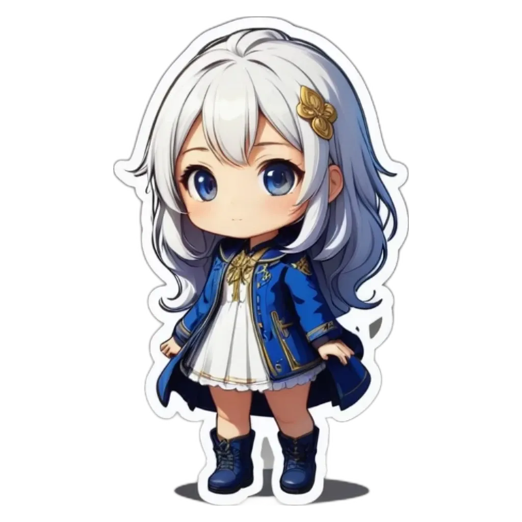 A girl with white hair and a blue dress sticker.