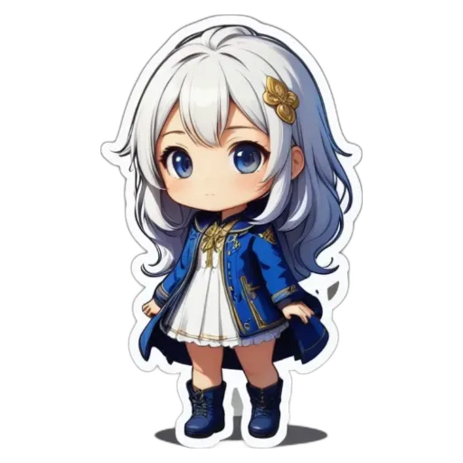 A girl with white hair and a blue dress sticker.