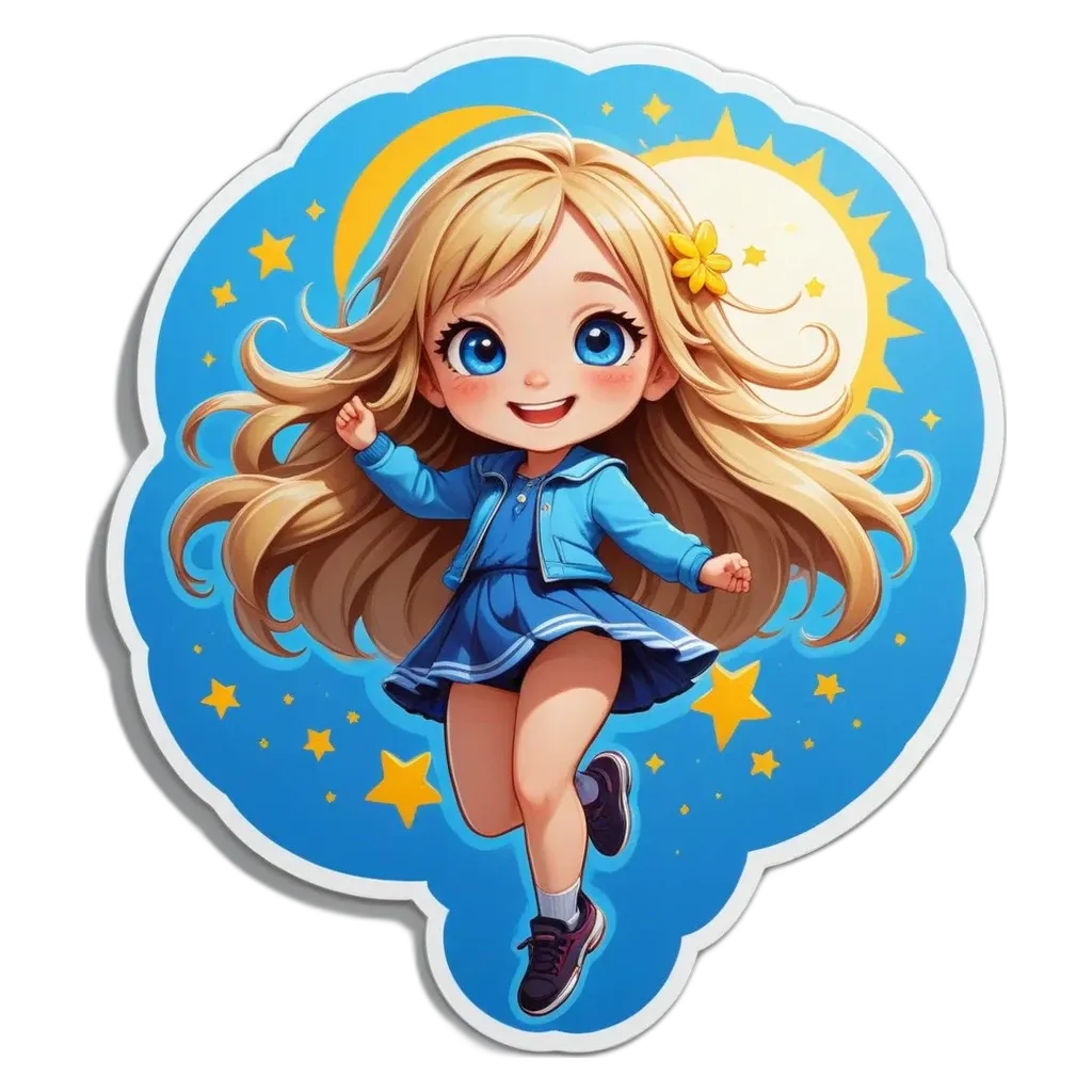 A girl with long blonde hair and a blue jacket who is wearing a skirt and flying in the stars.