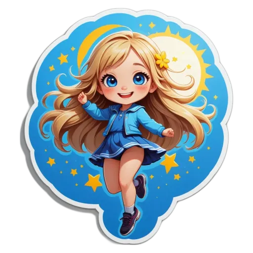 A girl with long blonde hair and a blue jacket who is wearing a skirt and flying in the stars.