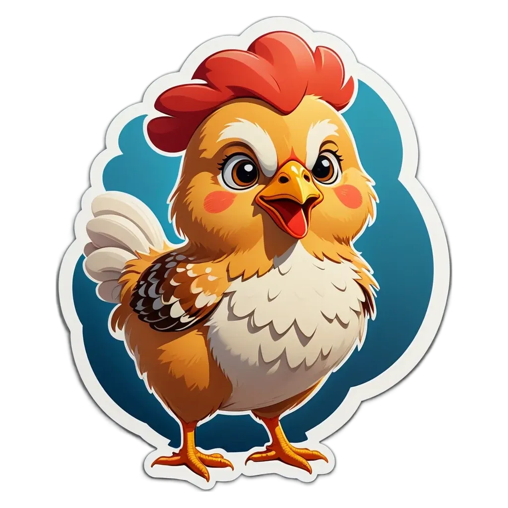 A cartoon image of a chicken with a red beak.