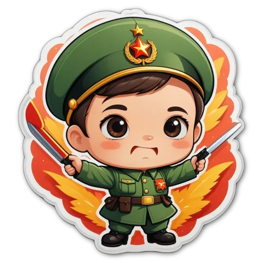 A child wearing a military uniform with a peace sign.