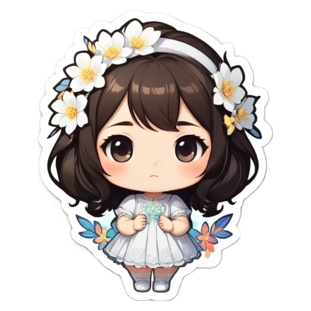 A girl with white flowers on her dress is holding a blue object.
