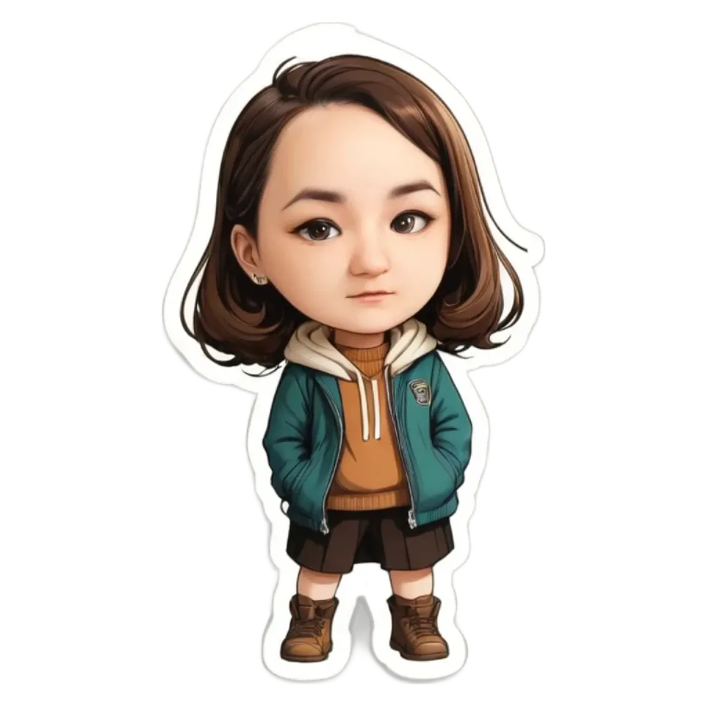 A cartoon girl wearing a green jacket and brown shorts standing with her hands in her pockets.