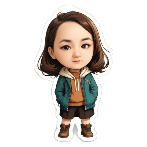 A cartoon girl wearing a green jacket and brown shorts standing with her hands in her pockets.