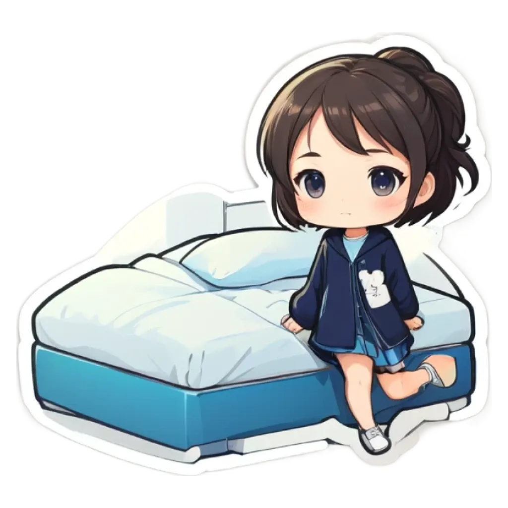 A girl sitting on a bed with a white pillow.