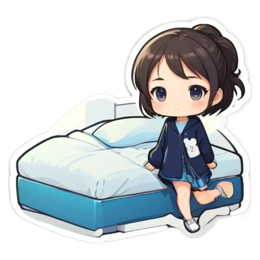 A girl sitting on a bed with a white pillow.