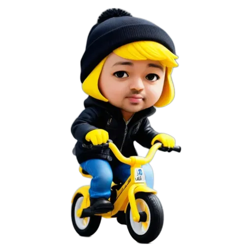 A child wearing a yellow hat and riding a small bike.