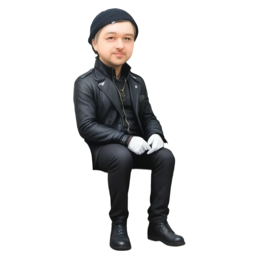 A statue of a man wearing a black jacket and hat.