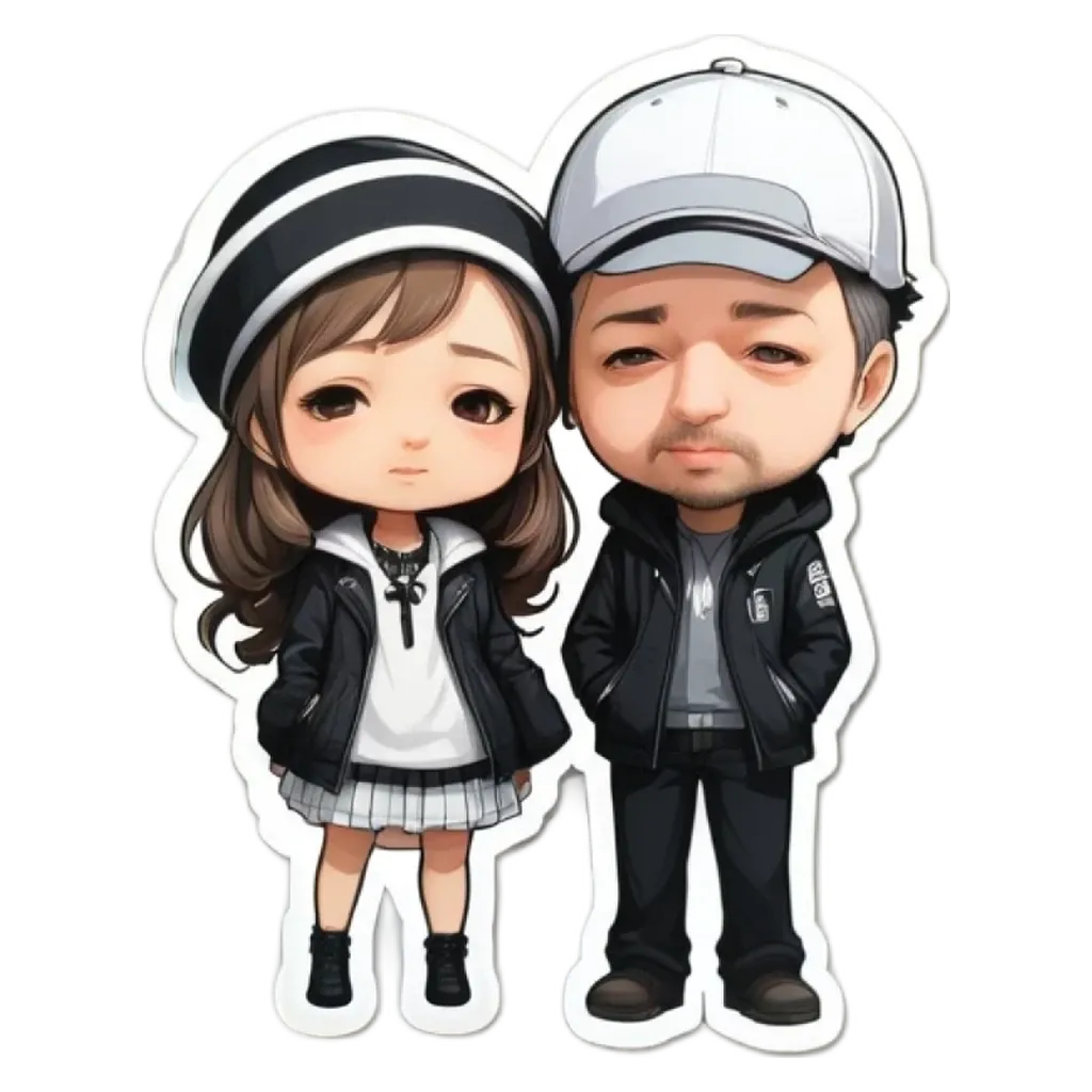 A girl and boy stickers with black and white hair.