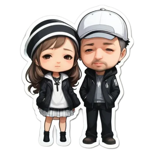 A girl and boy stickers with black and white hair.