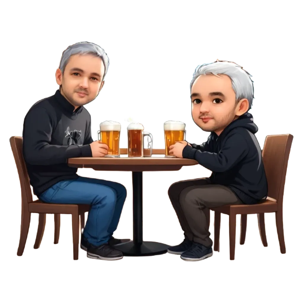 A drawing of two men at a table with drinks.
